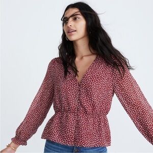 Madewell Overture Maroon V Neckline Peplum Blouse Top in Ditsy Flowers Size XS